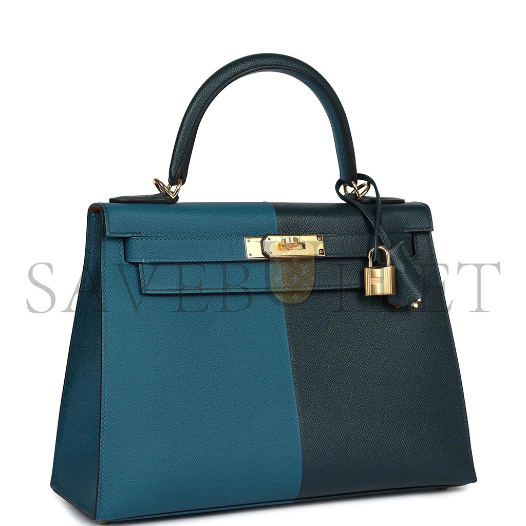 HERMÈS KELLY SELLIER 28 CASAQUE VERT CYPRES AND VERT BOSPHORE EPSOM GOLD HARDWARE (28*22*10cm) 